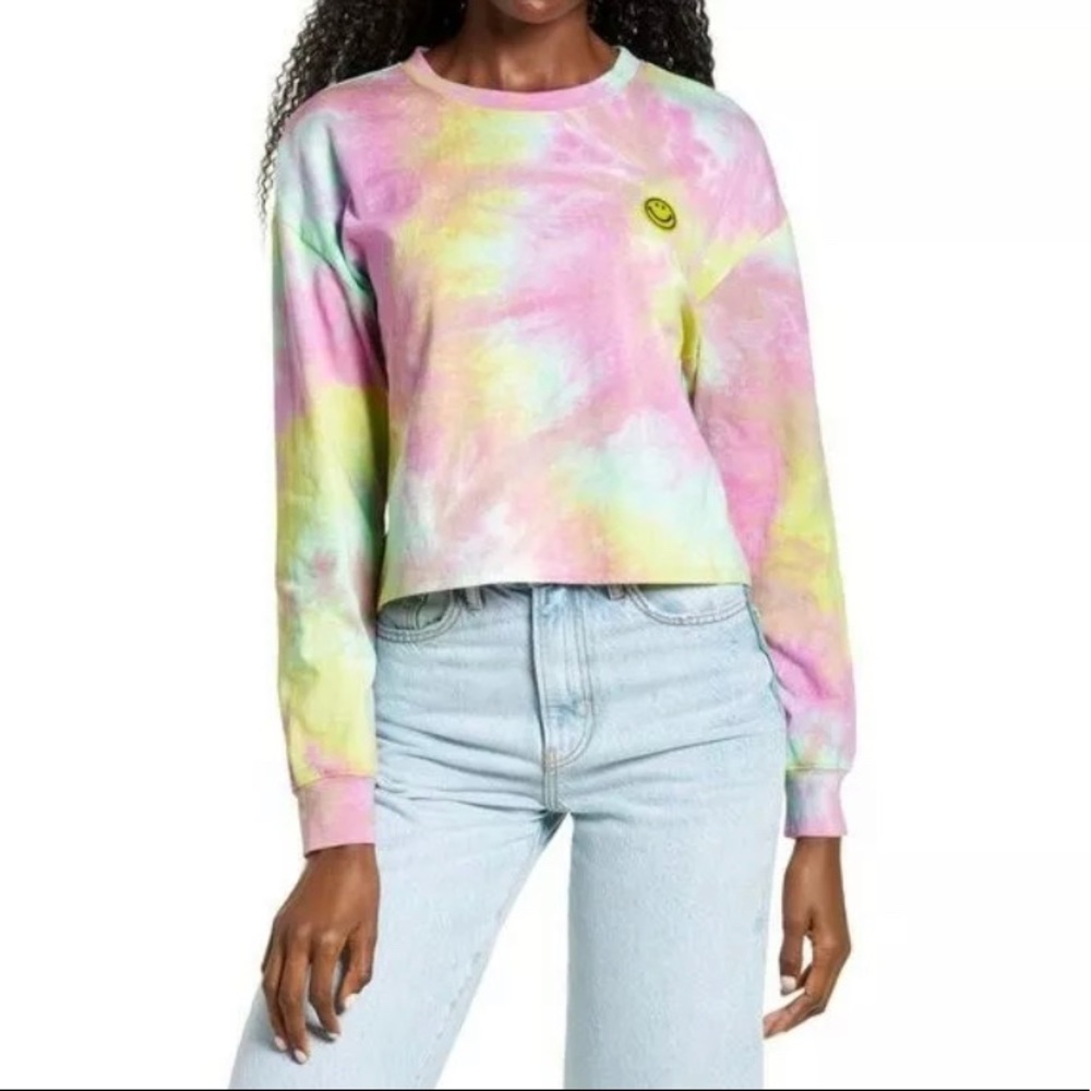 NWT All In Favor Tie‎ Dye Emoji Crop Pullover In Lime-Purple Women's Size S 4999